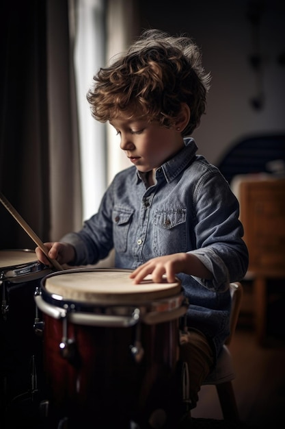 shot of a young boy playing the drums at home created with generative ai