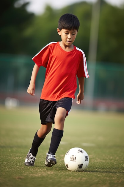 생성 인공 지능으로 만든 스포츠 필드에서 축구를 하는 어린 소년의 샷