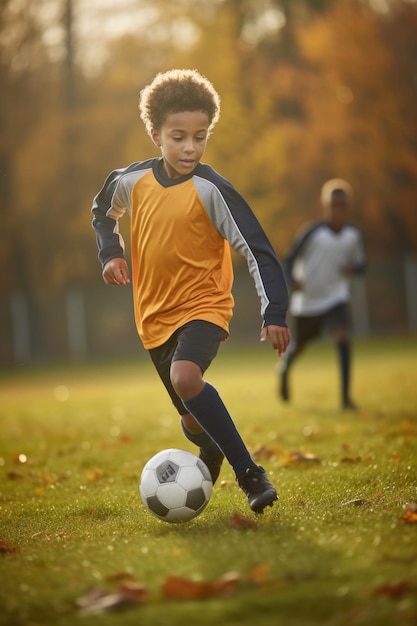 Shot of a young boy playing soccer on a sports field created with generative ai