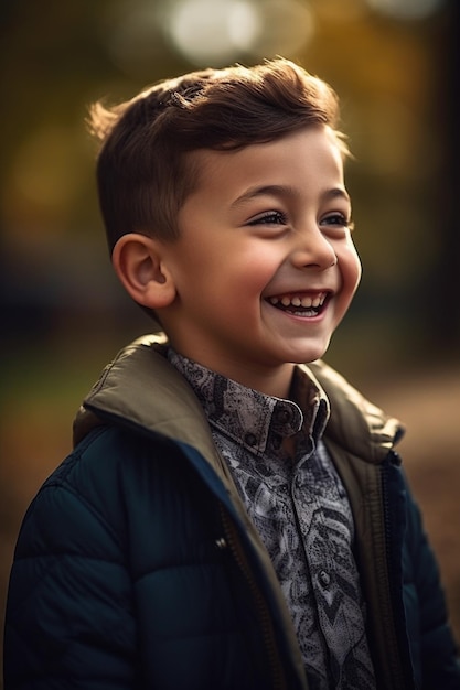 Shot of a young boy smiling happily while standing outside created with generative ai