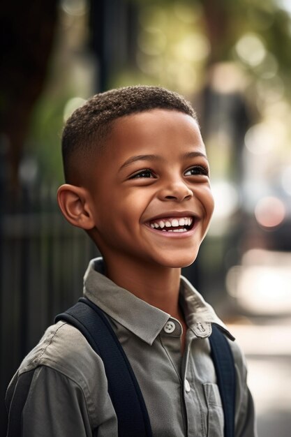 밖에서 서서 행복하게 미소 짓는 어린 소년의 은 생성 AI로 만들어졌습니다.