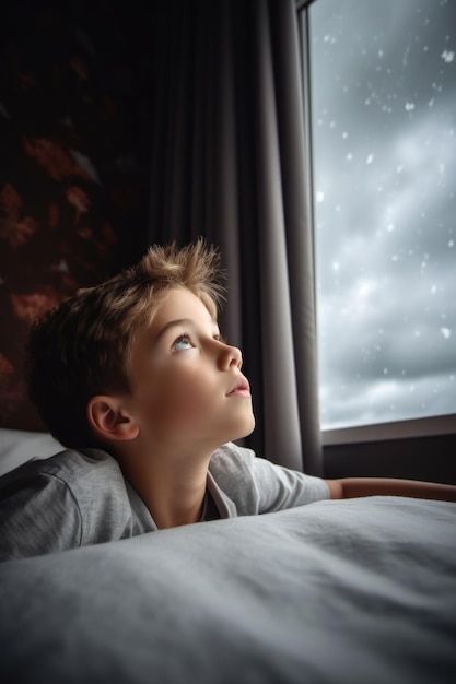 Photo shot of a young boy watching the clouds while lying in his bed at home created with generative ai