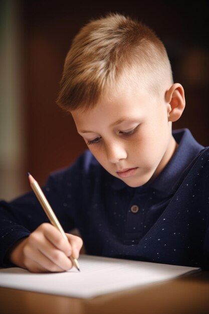 学校でノートに書いている少年のショット