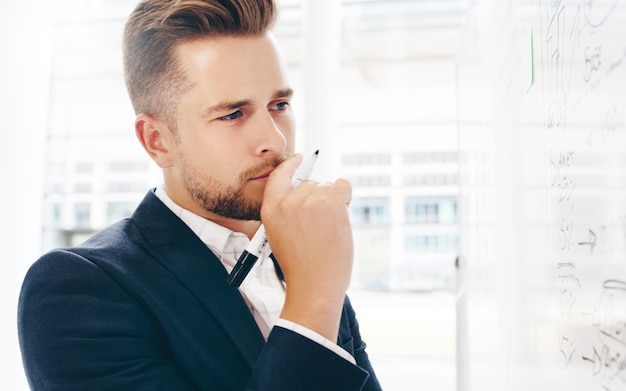 Shot of a young businessman strategising on a whiteboard in a modern office