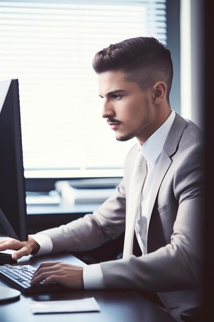 Photo shot of a young businessman using a computer in an office created with generative ai