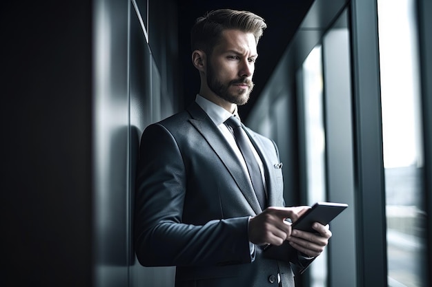 Shot of a young businessman using a digital tablet in his office created with generative ai