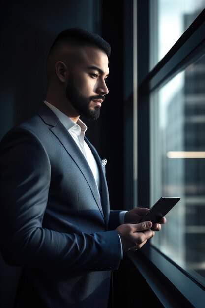 Снимок молодого бизнесмена, использующего цифровой планшет в офисе, созданный с помощью генеративного ИИ