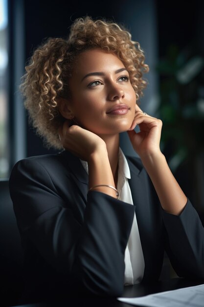 Photo shot of a young businesswoman looking relaxed in the office created with generative ai