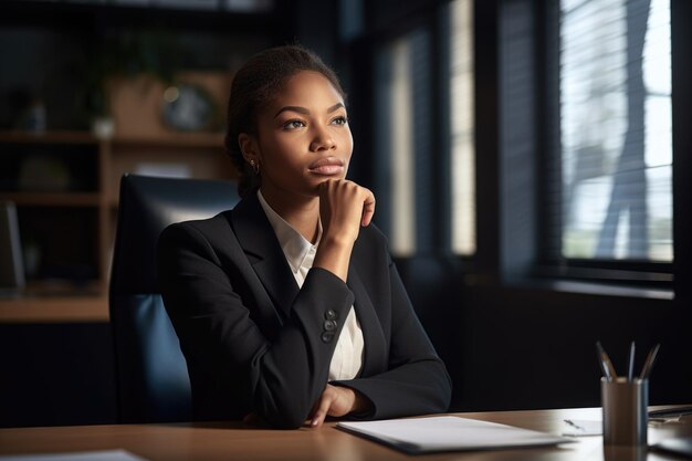 Shot of a young businesswoman sitting at her desk in an office created with generative ai