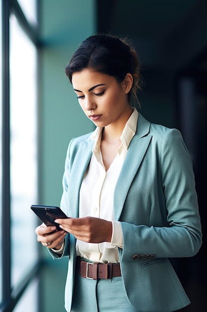 Снимок молодой деловой женщины, использующей свой телефон для отправки текстового сообщения, созданного с помощью генеративного ИИ