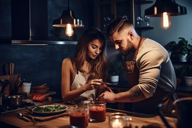 Foto inquadratura di una giovane coppia che cucina nella cucina creata con l'ia generativa