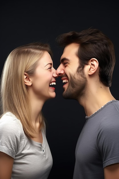 Shot of a young couple facing each other pulling funny faces