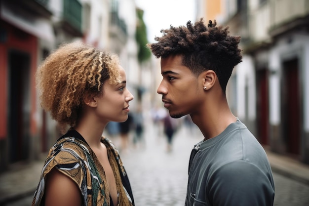 Shot of a young couple having a conversation in the street