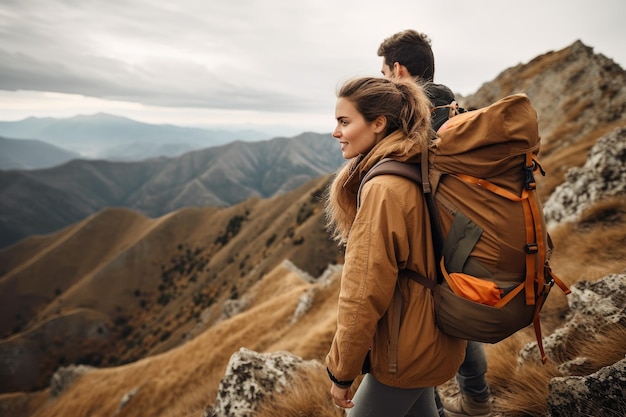 Снимок молодой пары, прогуливающейся по горам, созданный с помощью генеративного ИИ