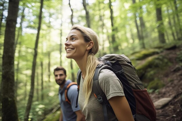 Shot of a young couple hiking in the woods