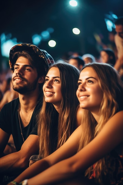 Shot of a young couple sitting with their friends at a concert created with generative ai