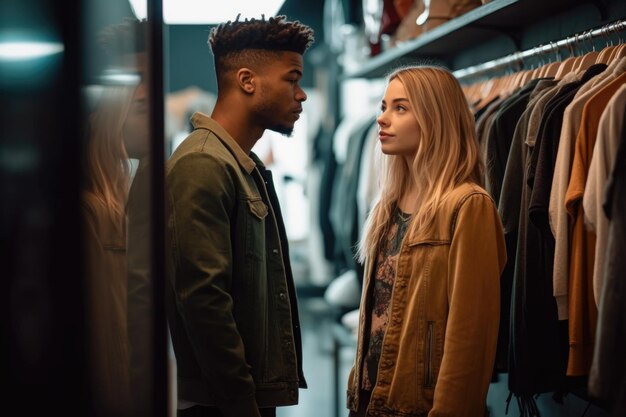 Photo shot of a young couple standing together in a shop and looking at the clothes that are on display