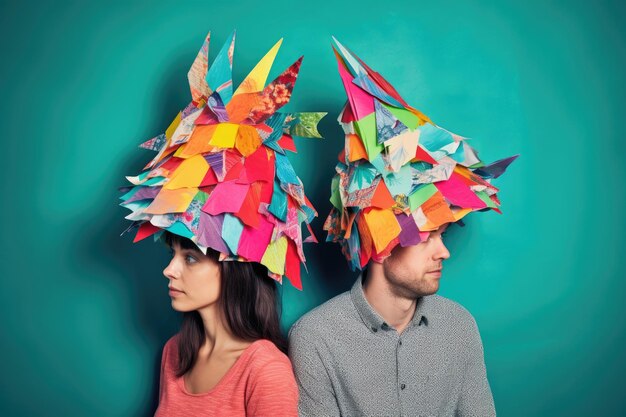 Shot of a young couple wearing creative hats made out of paper