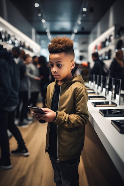 Shot of a young customer checking out tablet devices in a store created with generative ai