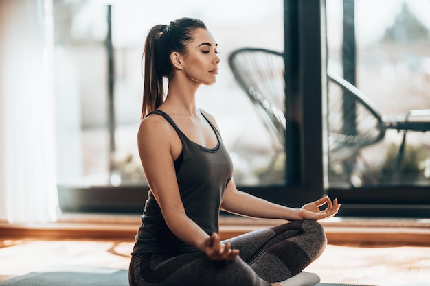 Shot of a young cute woman meditating in the lotus position at home.