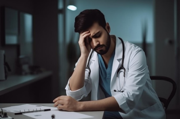 Photo shot of a young doctor having pain while working in a clinic created with generative ai