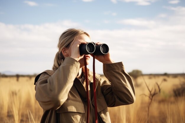 Shot of a young female biologist using binoculars to survey the landscape