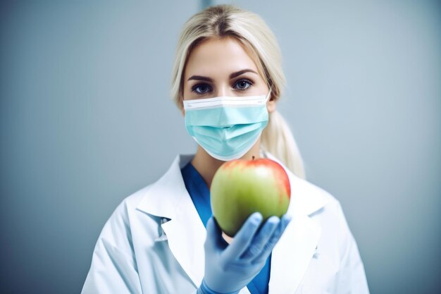 Shot of a young female doctor holding an apple and wearing a surgical mask