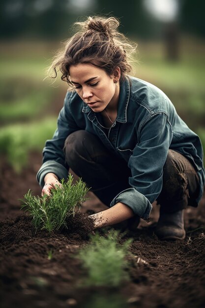 ジェネレーティブAIで作られた農場で苗を植える若い女性農家のショット