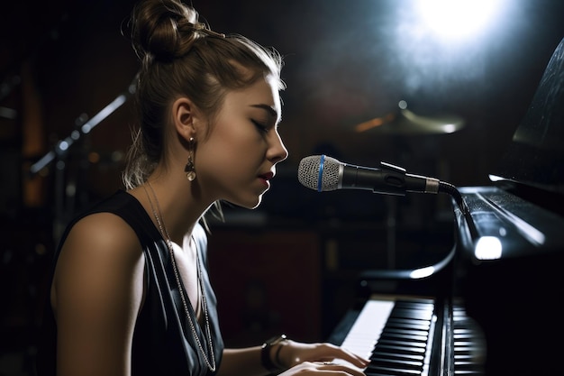 생성 인공 지능으로 만든 피아노를 연주하는 밴드의 젊은 여성 가수의 샷