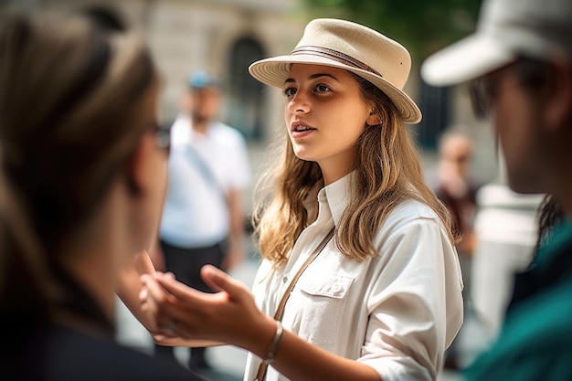 Shot of a young female tour guide giving her customers instructions created with generative ai