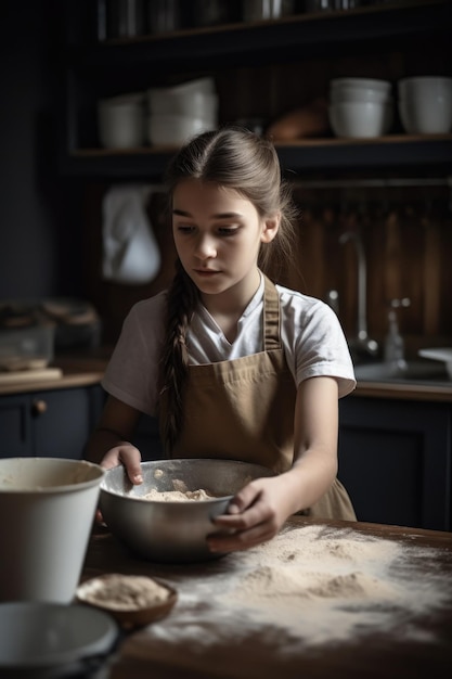 Photo shot of a young girl baking in the kitchen at home created with generative ai