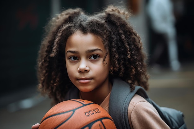 생성 AI로 만든 농구공을 들고 있는 어린 소녀의 샷