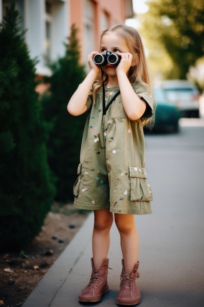 Shot of a young girl holding binoculars while standing outside created with generative ai