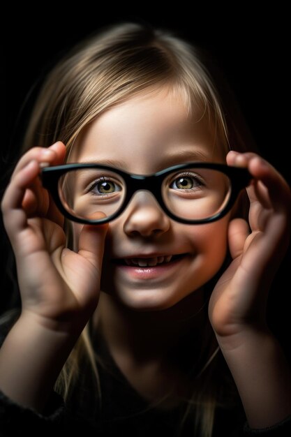 shot of a young girl holding up her new pair of glasses created with generative ai