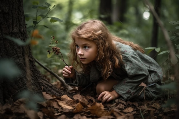 Shot of a young girl playing in the forest created with generative ai