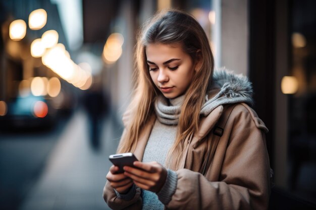 Снимок молодой девушки, использующей смартфон для ввода текста, созданного с помощью генеративного ИИ