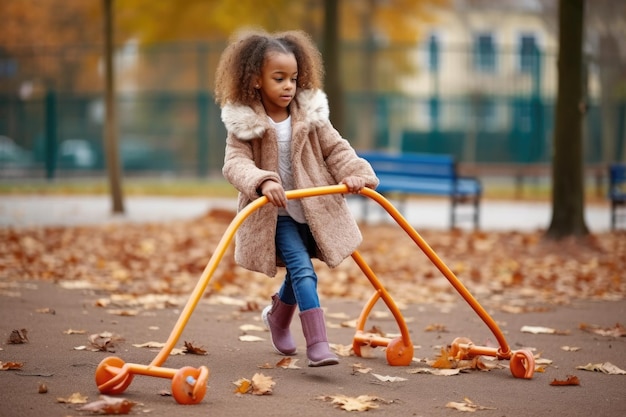 Shot of a young girl using a walker at an outdoor playground created with generative ai