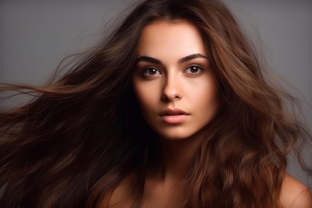 Photo shot of a young girl with blowing hair on gray background generative ai