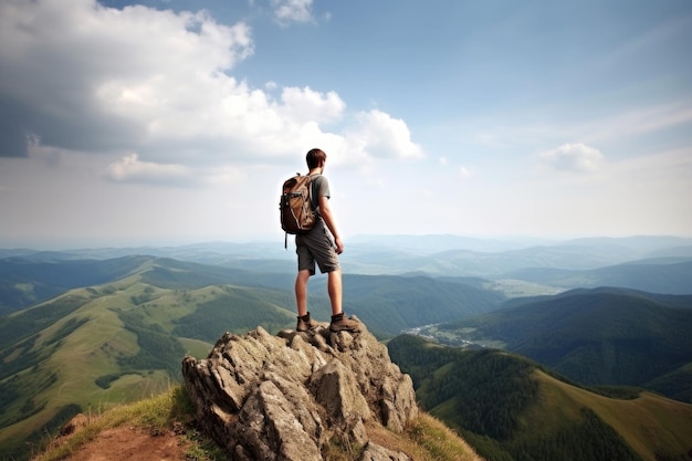 Снимок молодого туриста, стоящего на вершине горы, созданный с помощью генеративного ИИ