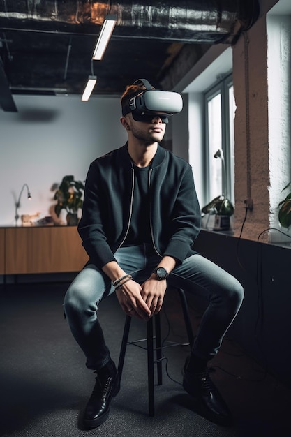 Shot of a young male designer using virtual reality goggles at work created with generative ai