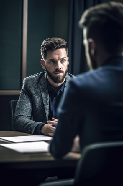 Shot of a young male psychologist talking to a patient at his desk created with generative ai