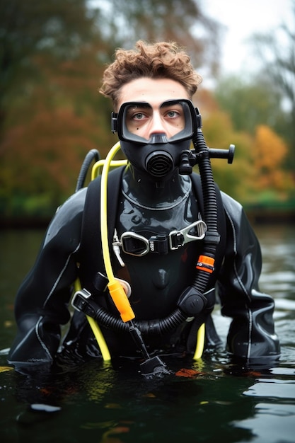 Foto scatto di un giovane vestito da subacqueo che posa all'aperto creato con l'ia generativa