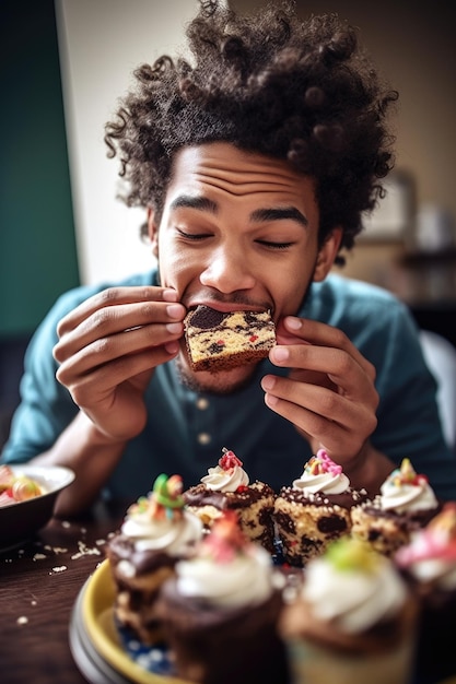 Кадр молодого человека, наслаждающегося тортом на вечеринке