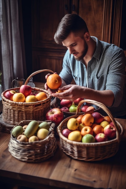 Shot of a young man filling his basket with fresh fruit created with generative ai