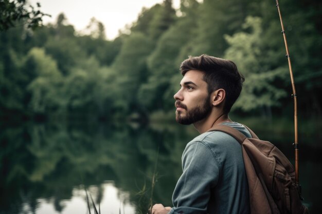 Shot of a young man fishing at a lake on the roadside created with generative ai