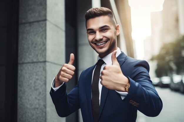 Shot of a young man giving the thumbs up at his business created with generative ai