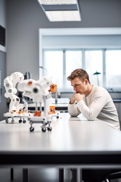 Photo shot of a young man having coffee while his robotic counterpart is working in the background