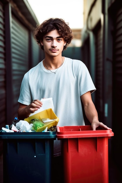 shot of a young man holding recycling bins in his hand created with generative ai