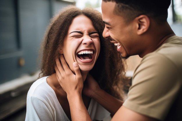 Shot of a young man laughing while his girlfriend tickles him created with generative ai