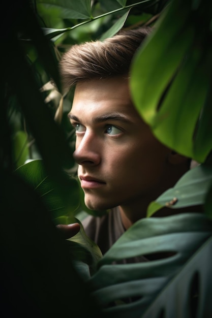 Photo shot of a young man looking out through the leaves of a plant